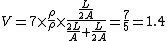 V=7\times\frac{\rho}{\rho}\times\frac{\frac{L}{2A}}{\frac{2L}{A}+\frac{L}{2A}}=\frac{7}{5}=1.4